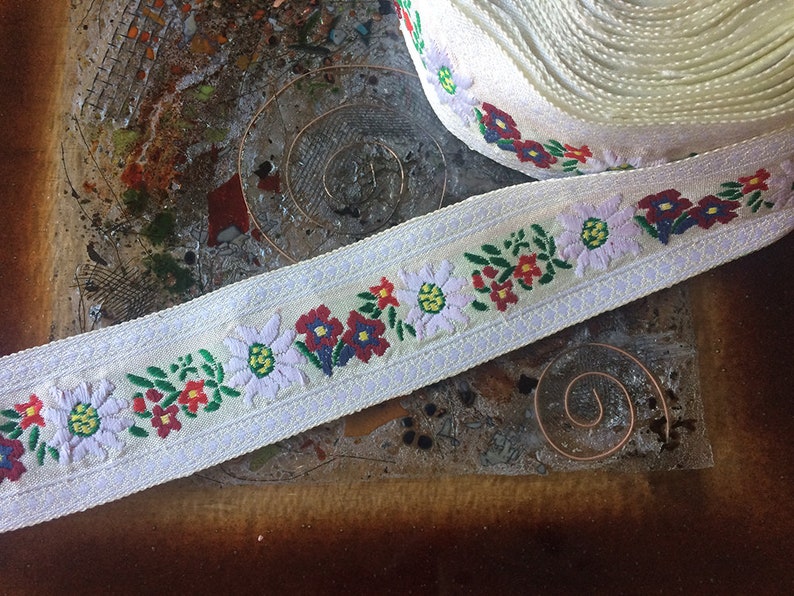 ON SALE Multi Color Floral Bouquet on Light Beige Background 2 Wide. Embroidered Cotton Jacquard Ribbon