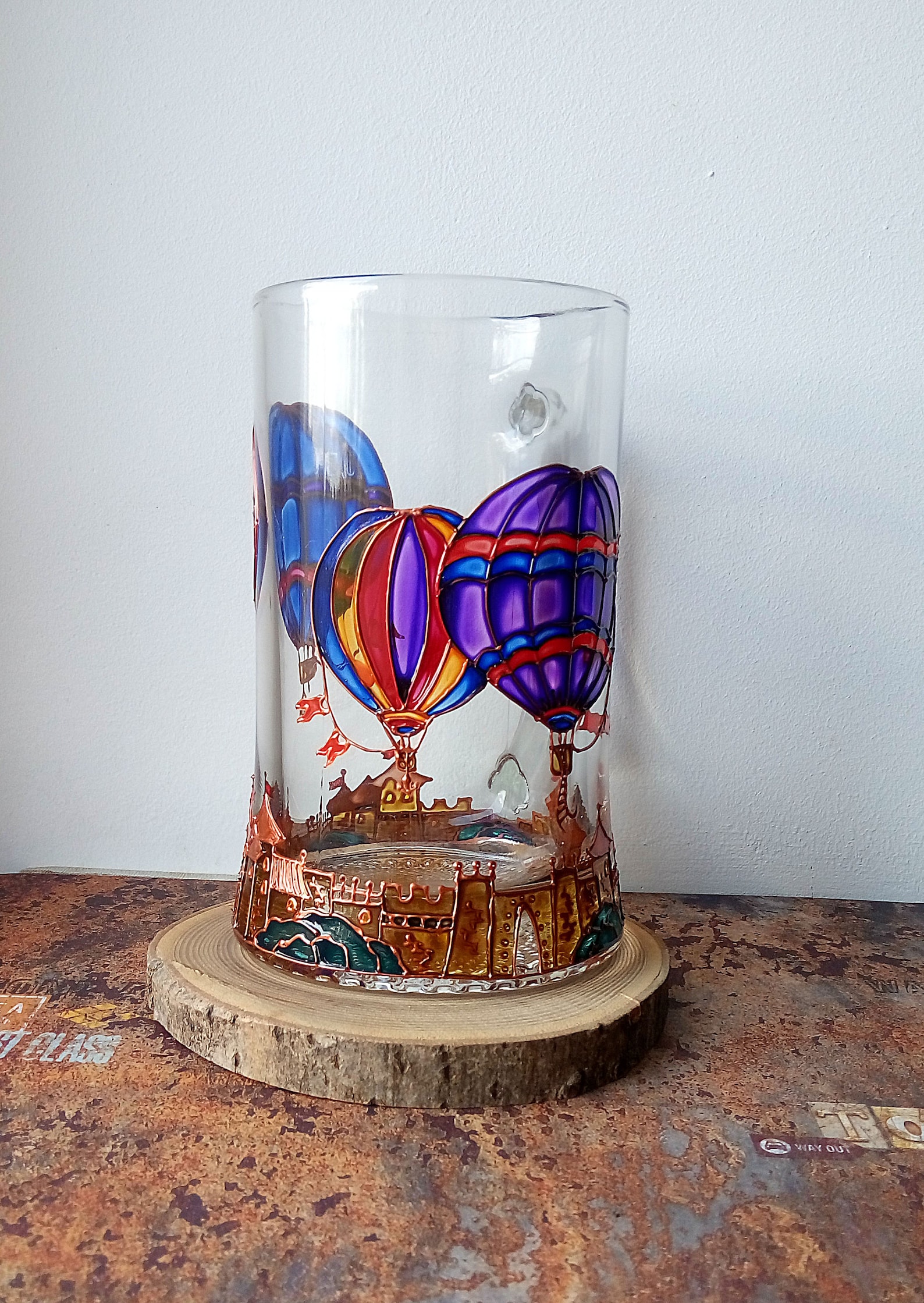 Hot Air Balloon Beer Mug Hand Painted Glass Glass Mug Etsy