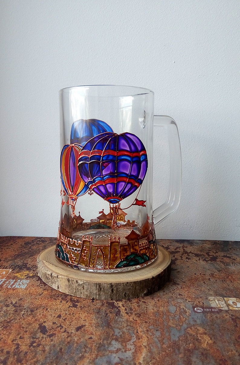 Hot Air Balloon Beer Mug Hand Painted Glass Glass Mug Etsy
