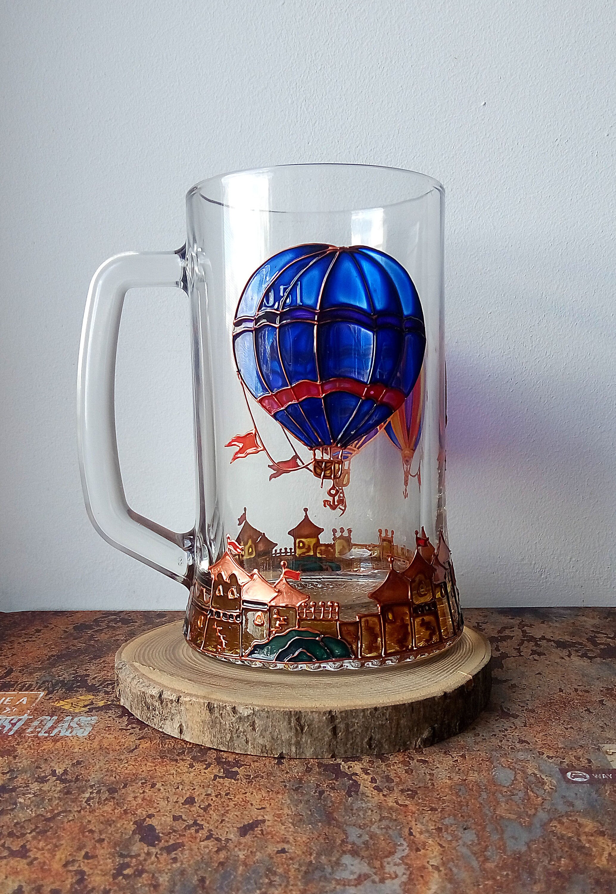Hot Air Balloon Beer Mug Hand Painted Glass Glass Mug Etsy