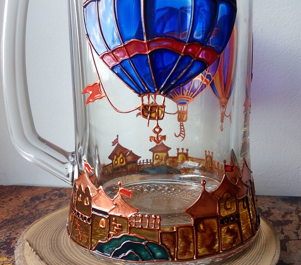 Hot Air Balloon Beer Mug Hand Painted Glass Glass Mug Etsy