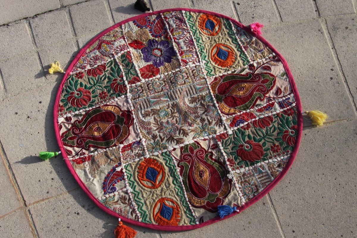 Housse de Coussin Indien Patchwork Prune et Rond, Broderie Ancienne -