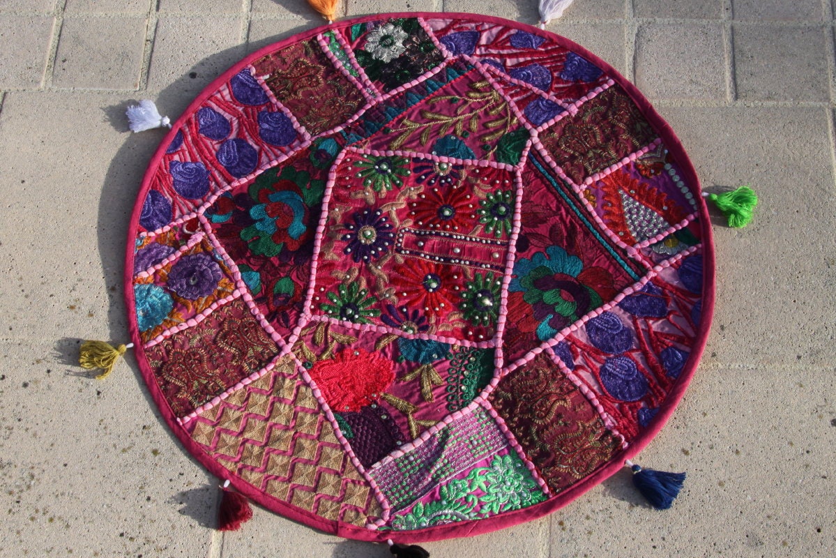 Housse de Coussin Indien Patchwork Prune et Rond, Broderie Ancienne -