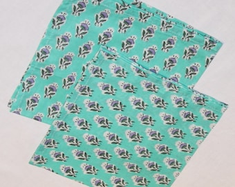 Flowery batik cotton napkin green or blue,  35 cm x 35 cm, per two