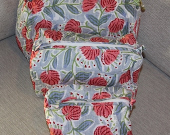 Three sizes of quilted toilet bags, jewelry storage pouch, make-up, medications.