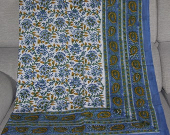 Wall hanging, sofa cover or blue and yellow batik cotton tablecloth.