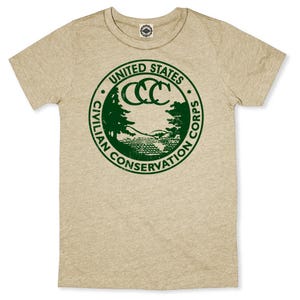 May include: A tan t-shirt with a green vintage-style logo that reads "United States Civilian Conservation Corps" with the letters CCC in the center.