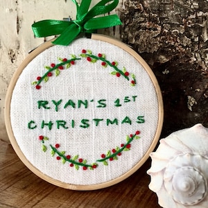 Customizable Hand Embroidered Personalized Baby&#39;s 1st Christmas ornament