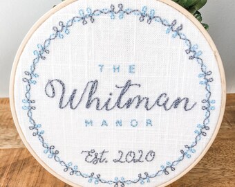 Custom Hand Embroidered Family Name Hoop Art, Personalized Wall Decor Keepsake