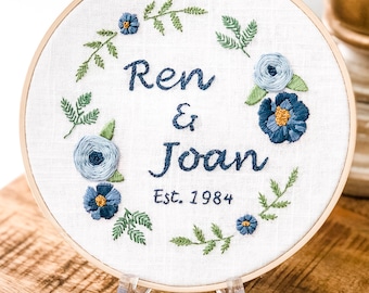 May include: Embroidered hoop art with blue flowers and greenery surrounding the text "Ren & Joan Est. 1984".