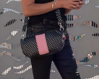 Black and pink handbag, Pink Preppy style handbag, Black and white Vichy interior, Black polka dot shoulder bag, Black and pink pin-up bag