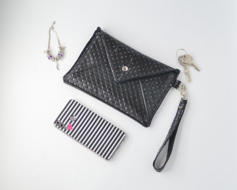 Black evening clutch bag with small rhinestones, Black and white New Year's Eve clutch bag with rhinestones, Clutch bag with a strap image 6