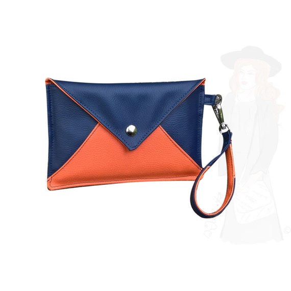 navy and orange clutch bag