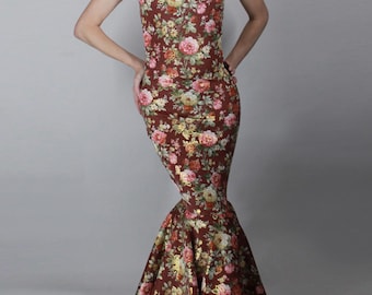 Robe sirène à imprimé floral, tenues de soirée à épaules dénudées, robe drag queen