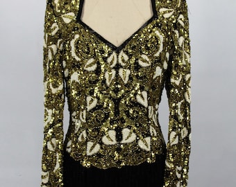 Robe de soirée à sequins vintage : tenues de soirée dorées et noires, glamour des années 80