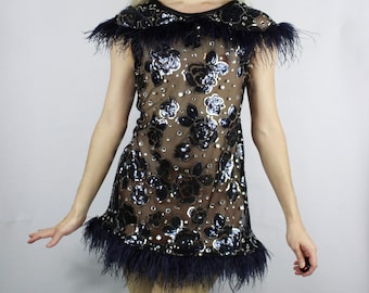 Sheer Sequin Dress with Ostrich Feather Trim, Drag Queen Dresses, Runway, Designer Clothing, See Through Gown