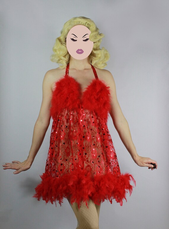 Two Piece Hot Red Nighty with lace. main image 1