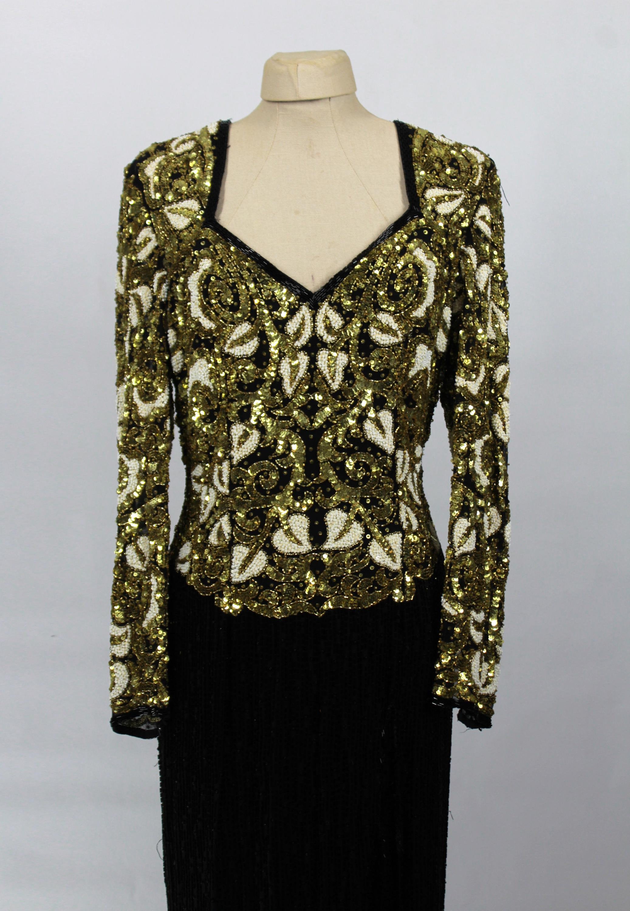 Vintage Sequin Gown: Gold and Black Evening Wear, 80s Glamour