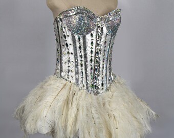Rhinestone Corset Dress: Ostrich Feather Skirt, Burlesque Costume
