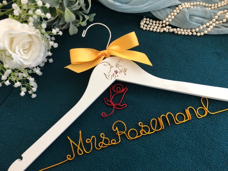 Custom Hanger,Mrs Hanger,Shower Gift Disney wedding hanger,beauty and the beast hanger Personalized wedding Hanger,Disney Princess hanger