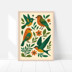 Kleurrijke vogels kunst aan de muur | Botanische vogelposter | Op de natuur geïnspireerde illustratie voor boho- of modern interieur A012