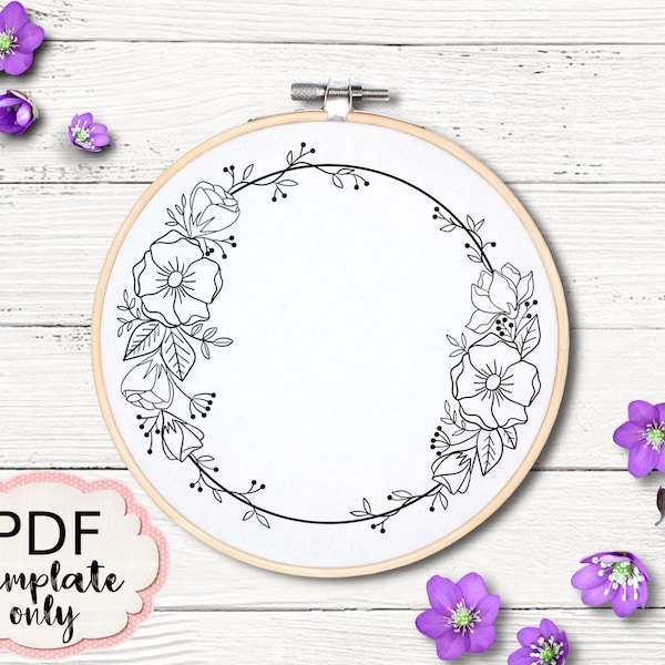 Embroidery Wreath Flowers - PDF Pattern Template ONLY - Hand Embroidery Pattern Template - PDF Embroidery Pattern Flowers