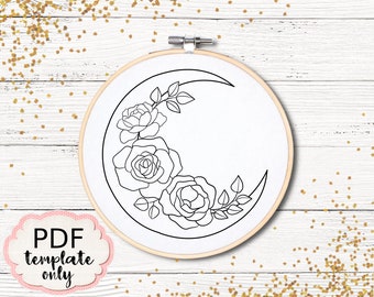 Embroidery Floral Moon - PDF Pattern Template ONLY - Hand Embroidery Pattern Template - PDF Embroidery Pattern Flowers Hoop Art