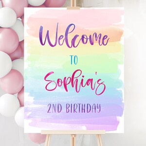 Geburtstag Willkommensschild bearbeitbar, Geburtstagsregenbogenparty, Kinder Carte Instant Download 0001
