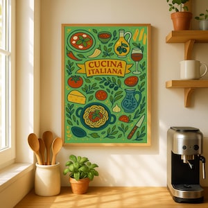Arte de parede com culinária italiana – Pôster colorido de cozinha com massa | Azeite e tomates – Impressão digital de ilustração de comida italiana K013