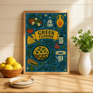 Greek Cuisine Wall Art – Mediterranean Food Print with Feta | Olives, and Greek Salad – Digital Kitchen Poster K012