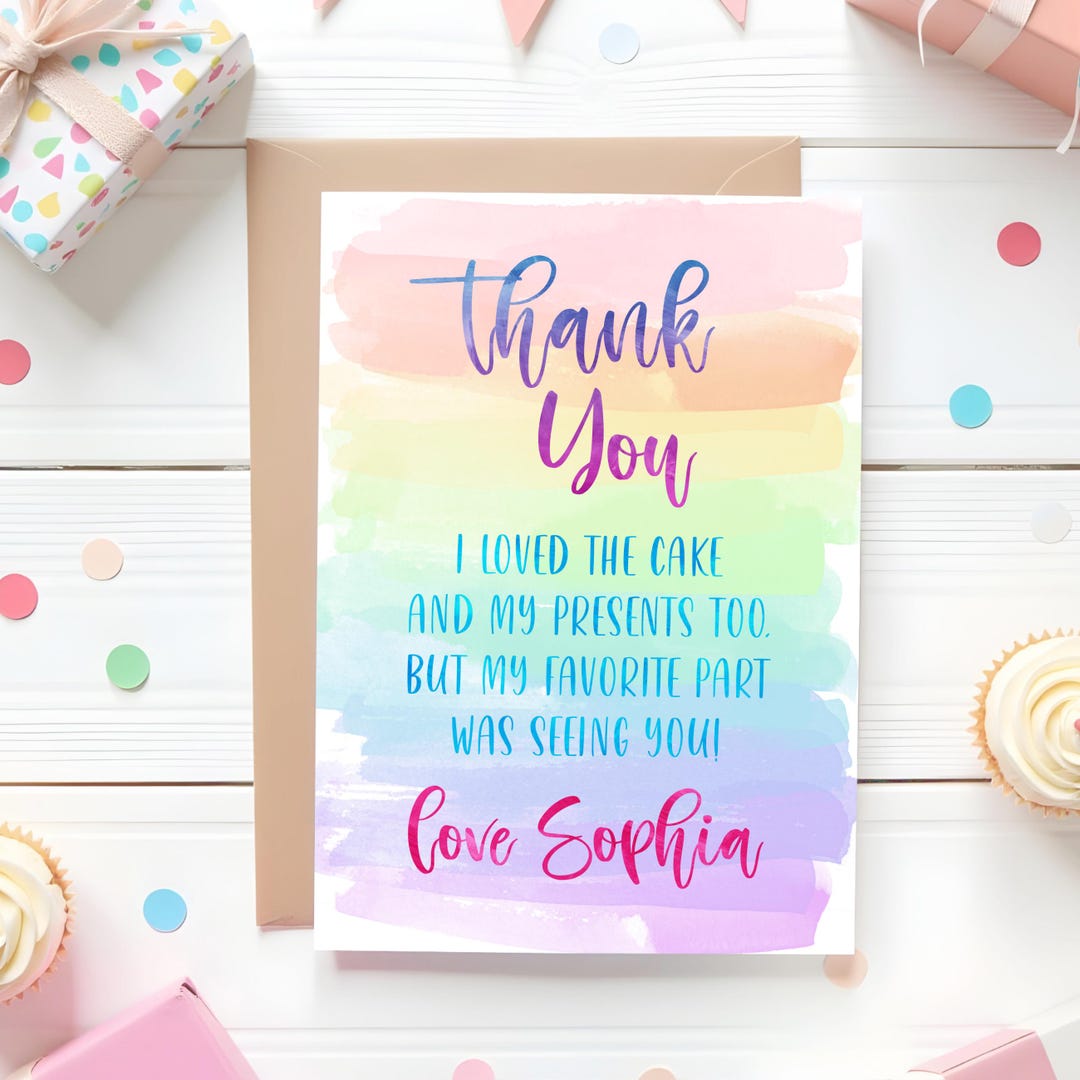 Thank You Card Editable Birthday, Kids Birthday Rainbow Party, Instant ...