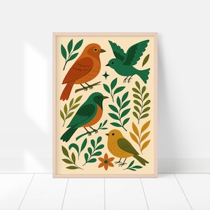 Kleurrijke vogels kunst aan de muur | Botanische vogelposter | Op de natuur geïnspireerde illustratie voor boho- of modern interieur A015