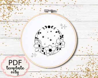 Embroidery Flowers Moon - PDF Pattern Template ONLY - Hand Embroidery Pattern Template - PDF Embroidery Pattern Flowers Hoop Art