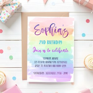 Geburtstagseinladung bearbeitbar, Geburtstagsregenbogenparty, Kinder Carte Invite Instant Download 0001
