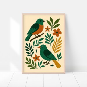 Kleurrijke vogels kunst aan de muur | Botanische vogelposter | Op de natuur geïnspireerde illustratie voor boho- of modern interieur A016