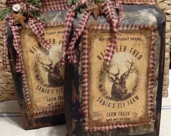 Primitive Reindeer Feed Grunge Bag Holiday Shelf Sitter Vintage Christmas Decor Sack