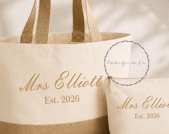 Personalized Bride Tote Bag • Mrs & Est Year Canvas and Jute Shopper • Custom Mrs Name • Honeymoon Travel Beach • Bachelorette