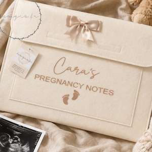 Personalised Pregnancy Notes Document  Felt Folder ~ With or Without Bow ~ Grey, Black, Charcoal, Off White