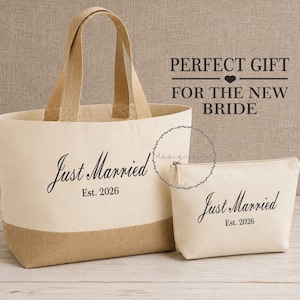 Just Married Beach Bag Set | Personalised Tote Bag, Makeup Bag | Honeymoon Bag Gift | Mrs New Name | Est date/year | Bridal Wedding Gift