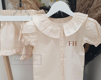 Personalised Linen Style Frill Short Set ~ Frill Collar and Shorts ~ Monogram Initials ~ Summer Holiday Girls Outfit ~ Gift for Girl