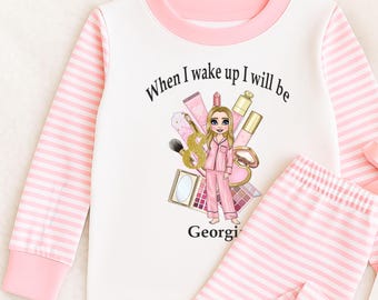 Personalised Make Up Dolly ~  Stripe Pyjamas ~ Birthday Pjs When I Wake Up I Will Be Age ~ Gold Glitter Age Number ~ Beauty Pjs ~ Sleepover
