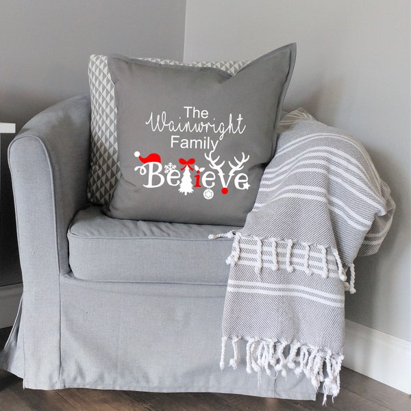 Personalised Cushion Pillow Christmas  ~ The Family Name Believe ~ Xmas Gift Present including infill