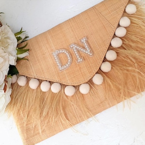 Personalised Straw Clutch Bag ~ Monogram ~ Initials ~ Pearl/Gold Letters