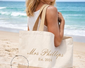 Personalized Bride Tote Bag • Mrs & Est Year Canvas and Jute Shopper • Custom Mrs Name • Honeymoon Travel Beach • Bachelorette