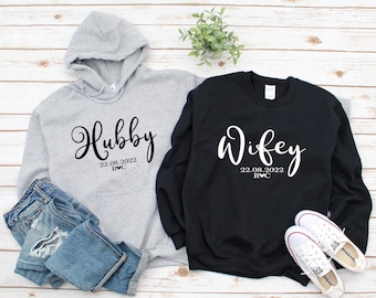 Personalised Hubby & Wifey Sweatshirt Hoodie ~ Date and Initials with Heart ~ Wedding Honeymoon Sweatshirt Hoodie