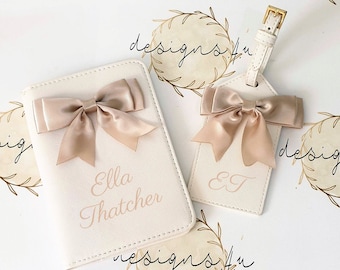 Personalised Passport Holder and Luggage Tag Set with Bow and Name Initials