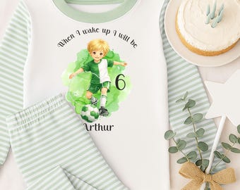 Personalised When I Wake Up I Will Be Football Pyjamas with Name & Age ~ Birthday Gift Boy Girl ~ Stripe Pjs ~ Various Colours Available