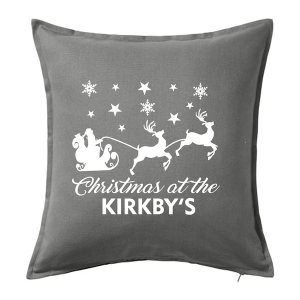 Personalised Cushion Pillow Christmas  ~ Christmas at the Family Name Santa & Reindeer