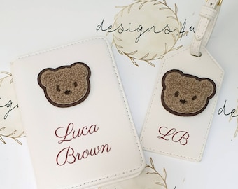 My First Passport ~ Personalised Passport Holder and Luggage Tag Set with Teddy Bear and Name Initials ~ My First Holiday