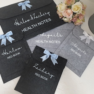 May include: Four grey felt folders with blue ribbon bows. The folders are labelled with names and the words "Red Book" and "Health Notes".